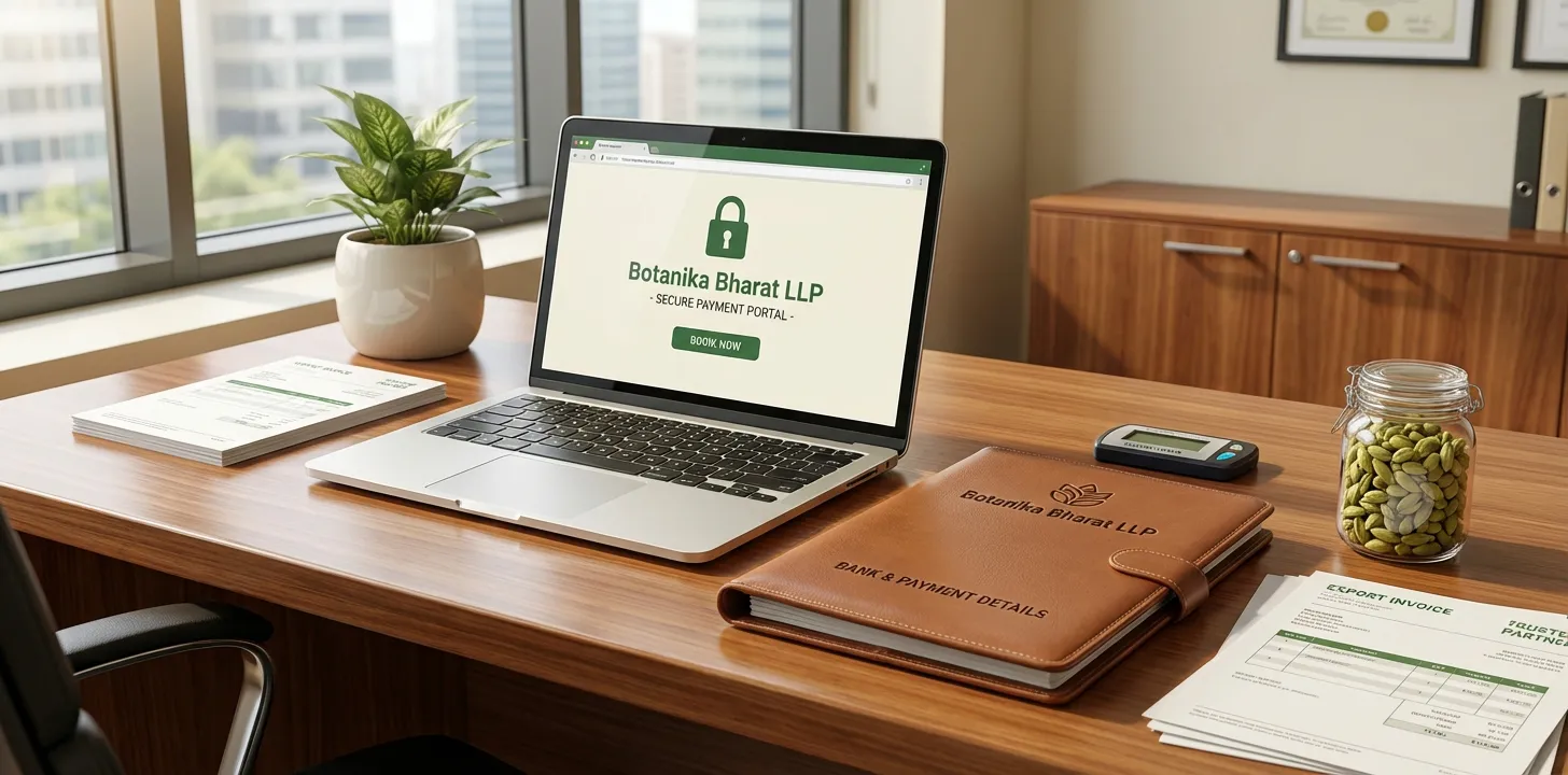 Bank and payment details – Botanika Bharat LLP, Indian spice exporter, Rudrapur Uttarakhand. Secure payment process for export transactions.